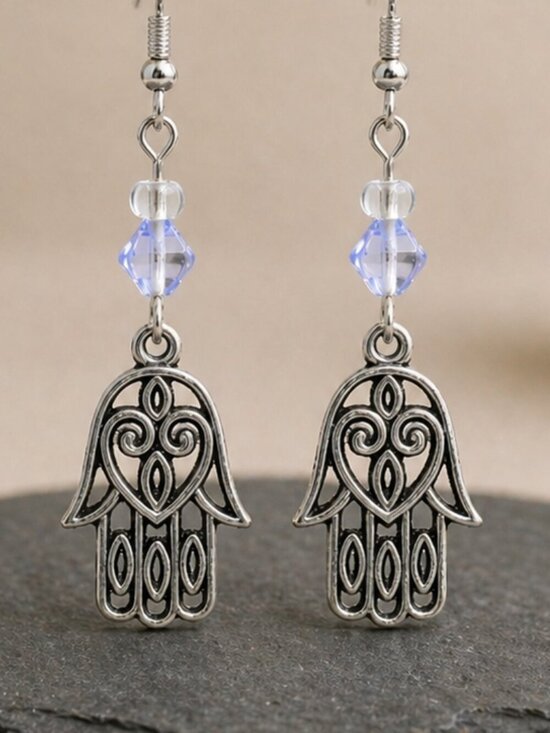 Artisan Jewelry - Handmade Hamsa Earrings with Blue Crystal
